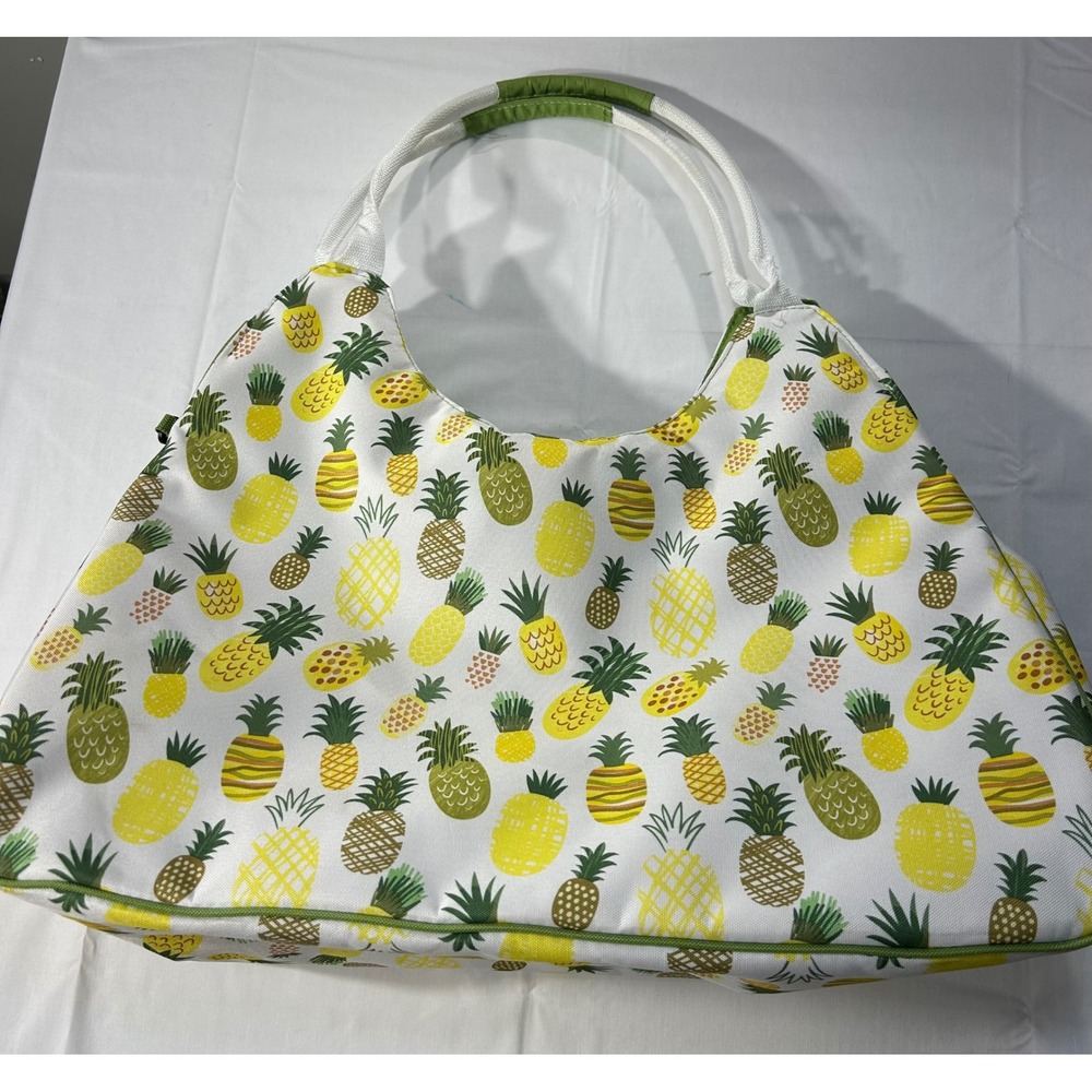 Pineapple Print Canvas Tote Bag White Yellow Green Beach Shoulder Bag
